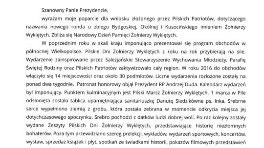 Poseł Parda z Kukiz'15 za nadaniem nowemu rondu w Pile imienia Żołnierzy Wyklętych