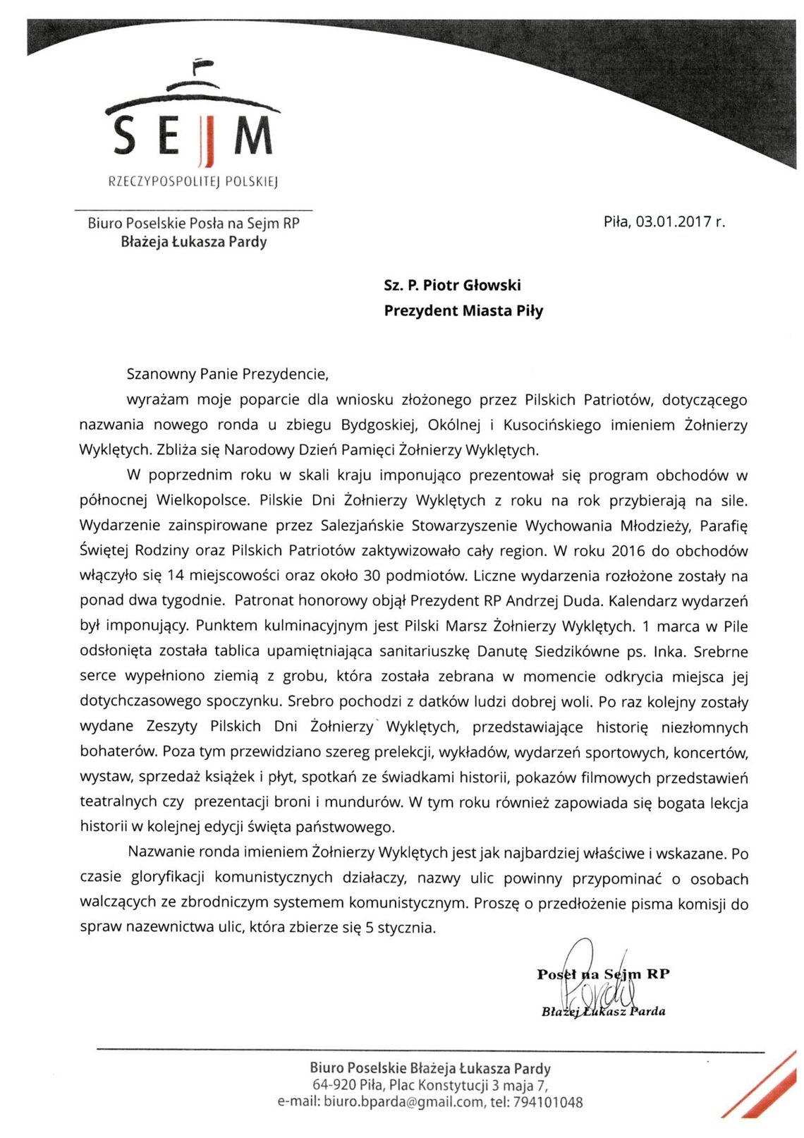 Poseł Parda z Kukiz'15 za nadaniem nowemu rondu w Pile imienia Żołnierzy Wyklętych
