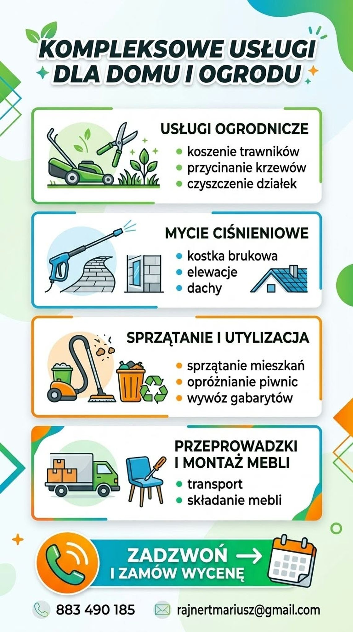 Usługi Dom  Ogród:  Koszenie Mycie ciśnieniowe